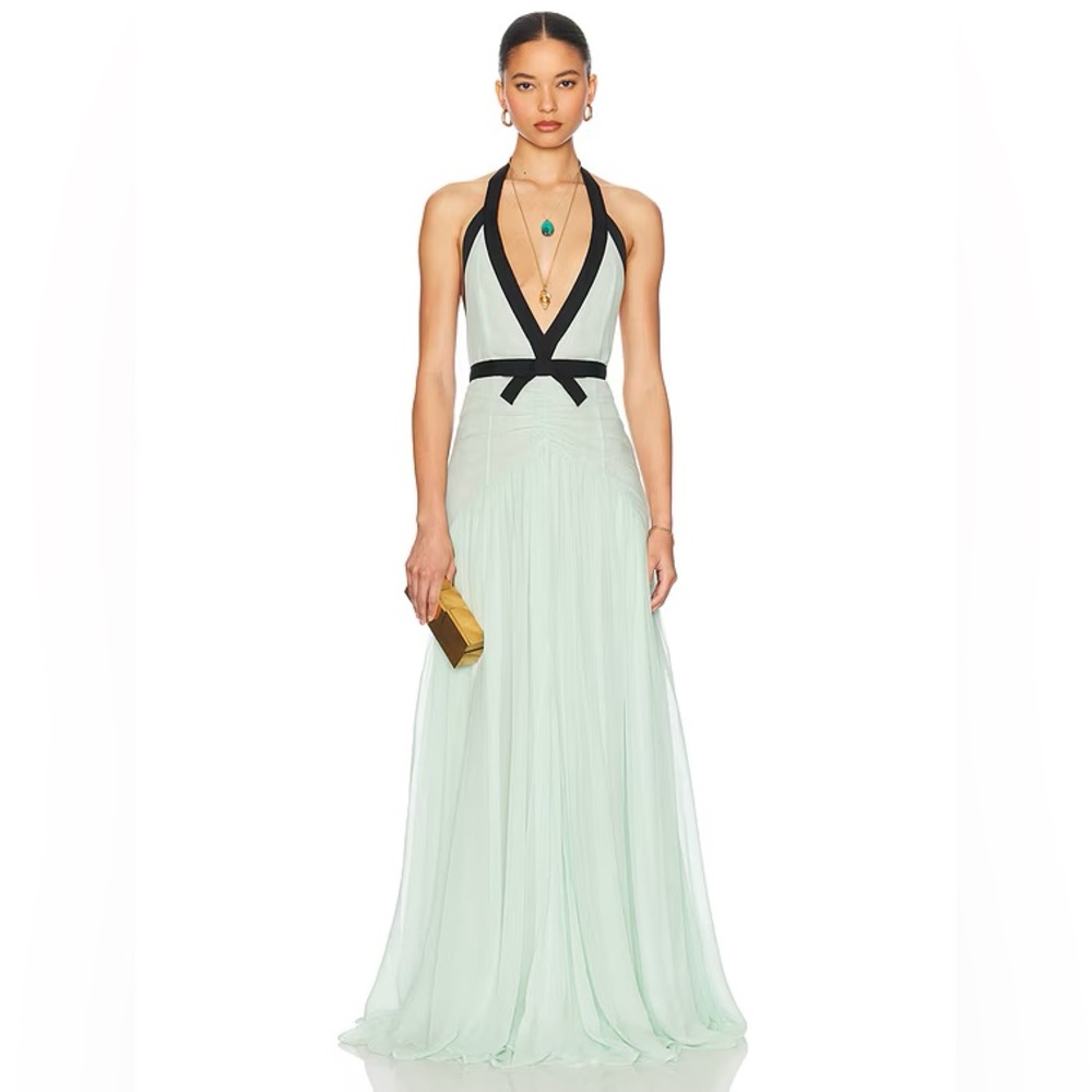 Halter V-Neck Mint Maxi Dress with Black Trim